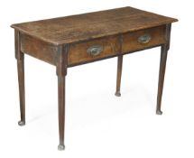 A George III oak side table, circa 1780, rectangular top, two frieze drawers, turned tapered legs