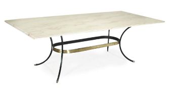 A simulated marble and black painted metal dining table, of recent manufacture, rectangular top