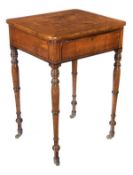 A Regency yew, tulipwood and boxwood strung writing table, circa 1815, square top with burr yew