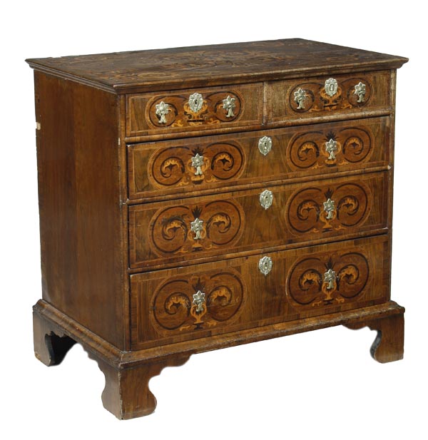 A William and Mary walnut and marquetry chest of drawers, circa 1690, moulded rectangular top,
