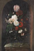 Manner of Hans Bollongier Floral still life on a stone plinth, Oil on panel 101 x 69cm (39 3/4 x