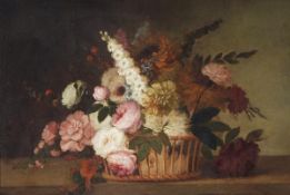 Follower of Jean Baptiste Monnoyer, Still life of summer flowers in a basket, Oil on canvas laid on