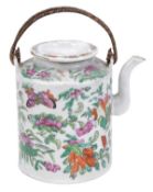 A Chinese Canton famille rose porcelain wine pot decorated with butterflies amid floral scrolls,