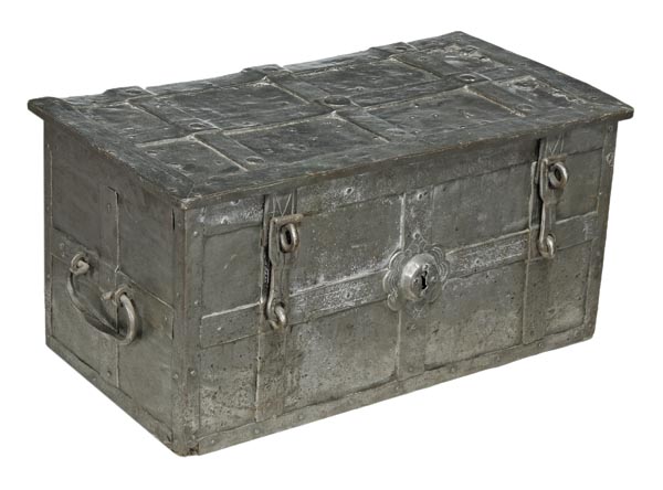 A German iron strong box, early 18th century, probably Nuremberg, the lid interior with mechanism