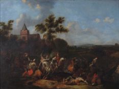 Johannes de Boeckhorst (1661-1724) Horsemen ambushed before a village, Oil on canvas, 75.5 x 102 cm