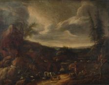 German School (17th century) A rocky river landscape with drovers and herd, Oil on canvas land on