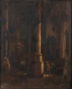 Follower of Emanuel De Witte, A church interior with figures conversing, Oil on panel, 50.5 x 41.5