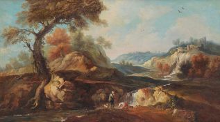 Circle of Marco Ricci, A rocky Italianate landscape with hunters by a stream, Oil on canvas, 43 x