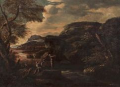 Attributed to Bartolomeo Torregiani, A rocky river landscape with banditti, Oil on canvas, 68.5 x