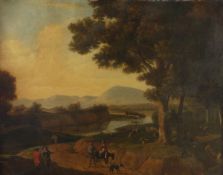 Follower of Jan Wijnants, Travellers, shepherd and flock in a wooded river landscape, Oil on