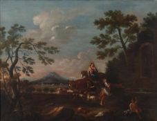 Follower of Giuseppe Zais, A drover, his companion and a herd beside a well, a city and mountains