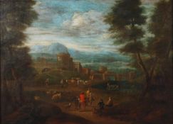Attributed to Adriaen Franz Boudewyns, An extensive river landscape with travellers outside a