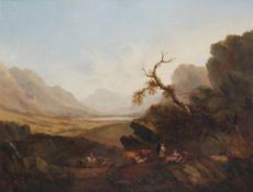 Circle of John Rathbone An extensive river landscape with figures resting, cattle and sheep,