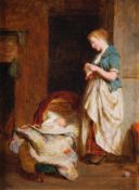 George Smith (1829-1901) Mother and child in an interior, Oil on board, Signed lower right, 21 x