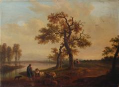 Jean Baptiste Bocquet (fl. 1758) An extensive river landscape with a shepherdess resting on a bank,