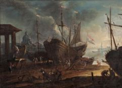 Circle of Marco Ricci, A Shipyard, Oil on canvas, 53 x 72 cm (20 3/4 x 28 1/4 in)