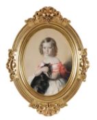 Continental School (19th century) Portrait of a child with a pet dog, Pastel, Oval, 65 x 48 cm (25