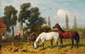 Emil Adam (1843-1924) Horses in a paddock, Oil on panel, Signed and dated 1883 lower right, 12.5 x