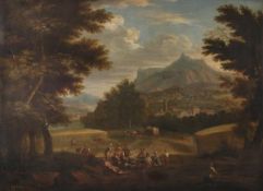 North Italian School (18th century) Peasants in an extensive landscape, a town beyond, Oil on