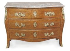 A Louis XV kingwood and tulipwood commode, circa 1760, stamped F. FRANC, mottled grey and pink