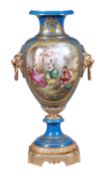 A large French porcelain turquoise ground Sevres style floor vase, late 19th century, gilt metal