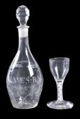 A commemorative dated club-shaped decanter and a stopper, inscribed for JAMES:RAE, 27cm high