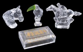 Four pieces of late 20th century glass, comprising: a Waterford race horse with jockey up, 19.5cm