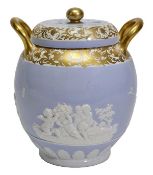 A Spode lilac-ground barrel-shaped two-handled scent jar, liner and pierced cover, sprigged in