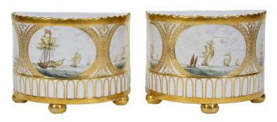 A pair of English porcelain demi-lune bough-pots, possibly painted by William Billingsley, each