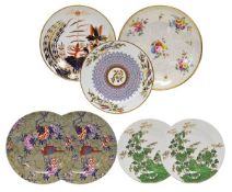 Seven miscellaneous Spode pottery and porcelain plates, including two saucer dishes, painted and