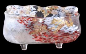 A clear-glass and acid-etched shaped rectangular bowl, possibly Thomas Webb, with scalloped rim and