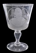 A large naval commemorative goblet, the generous bucket bowl engraved with an oval bust length