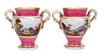 A pair of Mason’s Ironstone inverted baluster two-handled vases, painted with panels of landscapes