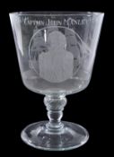 A large military commemorative goblet, the generous ovoid bowl engraved with a frigate under press