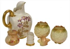 An assortment of mostly ivory-ground Royal Worcester, including a jug, a pair of leaf-moulded vases