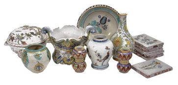 A miscellaneous selection of tin-glazed earthenware, comprising; a French fayence tureen and cover