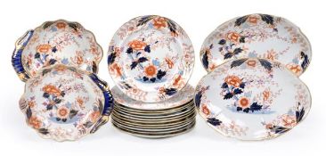 A Davenport Stone China Imari pattern part dessert service, decorated with oriental flowering