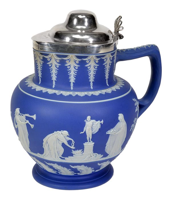 An Adams blue-dip-Jasper silver-mounted jug and hinged cover, sprigged in white relief with a band