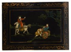 A Coromandel style lacquer screen, the rectangular panel chased and coloured to one side with a