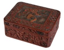 A Japanese lacquer box and cover of rounded rectangular form, the cover bearing a panel showing