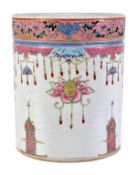 A Chinese famille rose brush pot of cylindrical form decorated in typical enamels with pendant