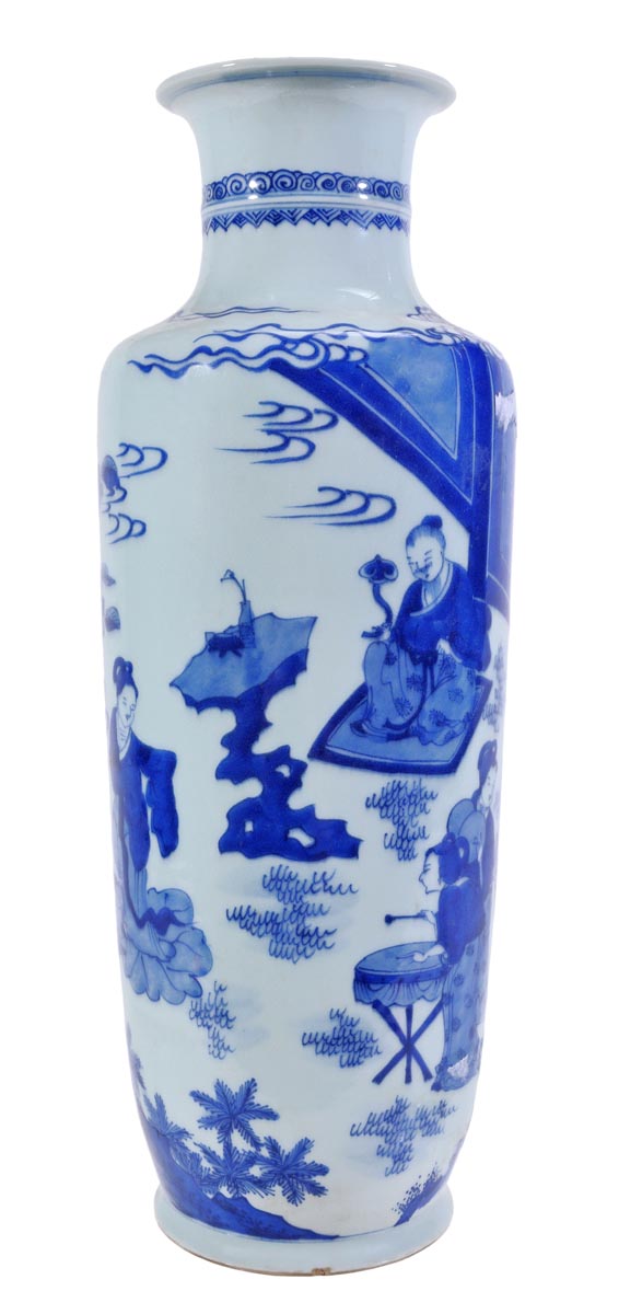 A Chinese blue and white rouleau vase decorated with a scene of lady musicians and dancers