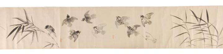 A Japanese makimono scroll painted in tones of sumi on paper and depicting bamboo leaves and stems