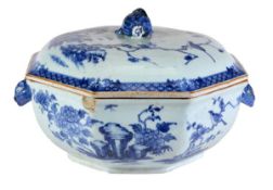 An unusual Chinese Export tureen and cover, of rounded hexagonal form, the sides applied with