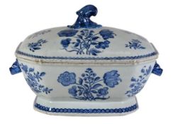A Chinese blue and white tureen and cover of octagonal form with boar’s head handles, the body