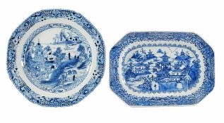 A Chinese blue and white meat dish of oblong octagonal form, and a lobed dish, both painted with