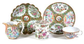 A collection of five Chinese Canton Export famille rose vessels comprising two plates, 23cm and 23.