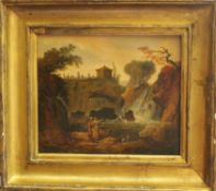 Continental School (18th century) Italian landscape with waterfall, peasants and dog Oil on panel