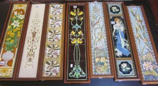 Seven groups of framed tiles including Art Nouveau style examples