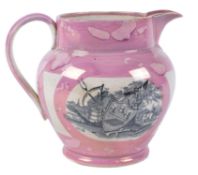 A Sunderland pink lustre jug, printed with verse and Farmers` arms; approximately 19cm high